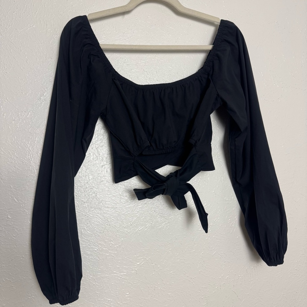 Altar'd State Romantic Black Tie-Back Cropped Blouse